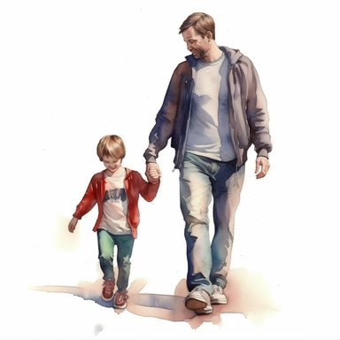 Watercolor Clipart, a man holding hands with child, watercolor cartoon, white background, computer art, digital illustration, detailed painting, realistic, high quality