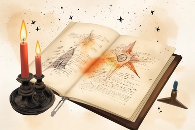 Sinister Victorian watercolor star chart with open book and candle, hd, clipart, white background, spaced out,