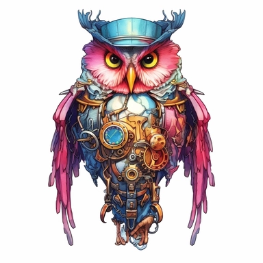An Owl in sweet steampunk style, water color style, pinks, oranges, blues, teal, and liquid gold, watercolor illustrations, narrative clarity, photo-realistic drawings, detail-oriented, white background, transparent background, clean and elegant, sinister beauty, very detailed, victorian-inspired illustrations, watercolor illustration clipart, watercolor clipart, serge Marshhennikov, victor nizovtsev, i can't believe how beautiful this is