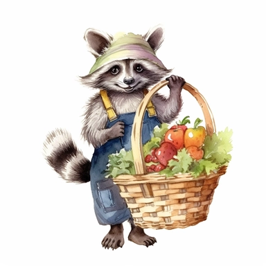 a whimsical watercolor clipart image with a white background, portraying a curious cute cartoon raccoon gardener holding a basket filled with freshly picked vegetables.