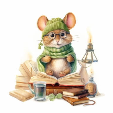 watercolor clipart, cute little brown mouse wearing glasses and a green scarf, sitting on the top of a sewing thread spool reading a book, soft golden glow, isolated and centered on a white background, detailed 8K