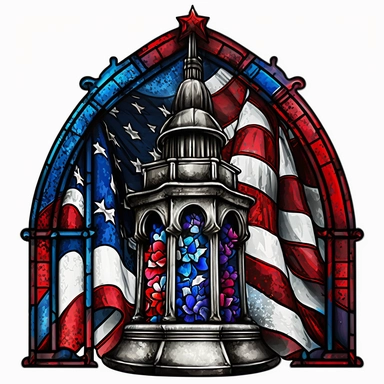 clipart, gothic arch stained glass window with red white blue american flag and liberty bell, mosaic, watercolor, dark cottagecore, white background, hyper detailed