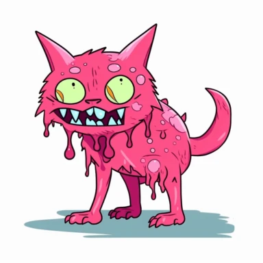 2d pink bubblegum cat zombie monster mutant on white background drawing in microsoft paint , no shadow, flat picture, clipart