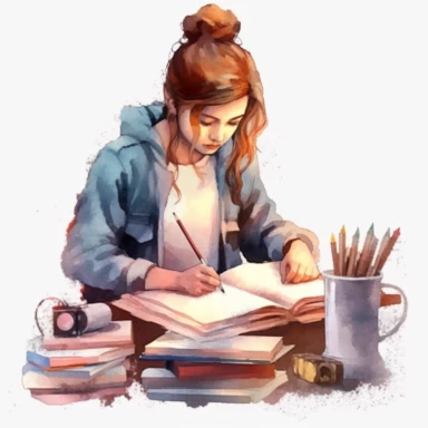 watercolor style, teenage girl learning at the perfectly organized desk, realistic, clipart, isolated on white background, 4K