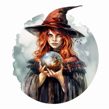 Halloween witch, holding a crystal ball, watercolor style, clipart image