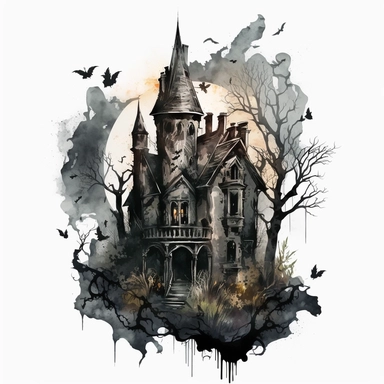 isolated clipart image of a spooky gothic house with intricate architectural details, twisted spires, and looming shadows, each house unique in its design, showcasing different elements like pointed windows, wrought-iron gates, and weathered stone walls, surrounded by a foggy atmosphere that adds a sense of mystery and intrigue, watercolor painting, delicate brushstrokes capturing the eerie charm,