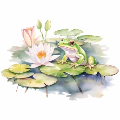 cute watercolor frogs sitting on lilly pads clipart white background