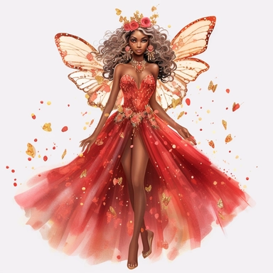 glitter hand illustrated barbie inspirred brown skin fairy floral accents bright red and sparkly sequins accented gown semi transparent flowy dress pretty wings hyper realistic watercolor smiling lips big eyes pretty fairy no background clipart style full body jewels gemstones sparkly diva with crown intricate details