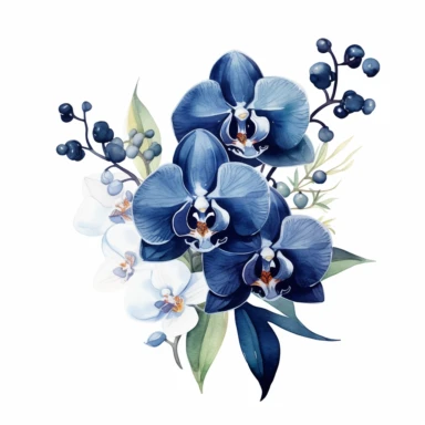 navy blue colored orchid flowers arrangement with watercolor effect,suitable for digital clipart,white background,green leaves