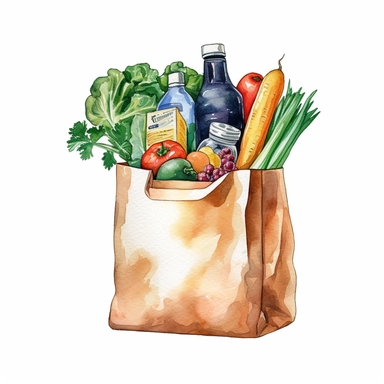 watercolor detailed illustration of Grocery bag with a variety of groceries peeking out, clipart, white background