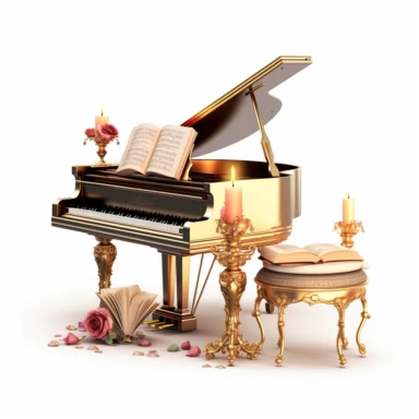 luxury gold piano with a seat, roses, music book and luxury candle digital clipart on white background
