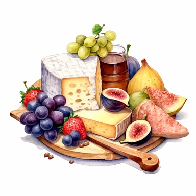 watercolor fresh fruit , cheese, summery charcuterie board, clip art , hd, white background, spaced out, cartoon realism details--ar 3:2