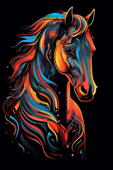 horse, neon colors, ultra detailed, clipart design graphic, vector, contour, 32k, black background,