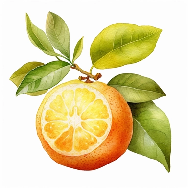 A charming watercolor clipart-style illustration of a Limonia Acidissima fruit, beautifully rendered with intricate details and set against a clean and pristine white background. This unique clipart illustration captures the distinct features of the Limonia Acidissima fruit, showcasing its round shape, textured skin, and vibrant hues. The watercolor technique lends a soft and organic quality to the illustration, enhancing the natural beauty of the fruit. Each brushstroke and color choice accentu