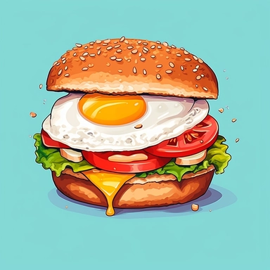 Hamburger with fried egg, clipart, illustration