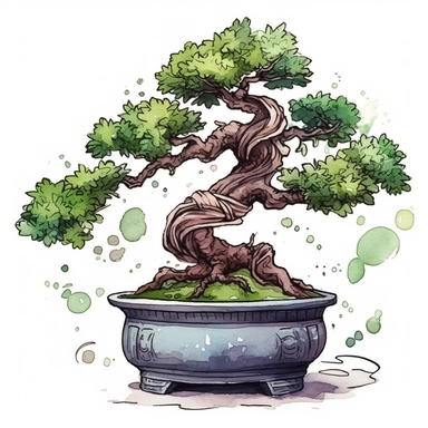 one bonsai tree inked by amanda tirado Watercolor clipart on a white background, in the style of digital gradient blends, rounded, decorative elements, high quality photo, cartoon-like characters, water drops, earth tones, no watermark, text, 300 DPI , typography, shapes do not stick together, no text in the picture, on a white background