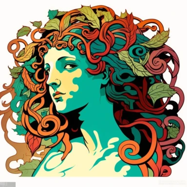 Medusa, art nouveau, bright colours, clipart, centred, white background
