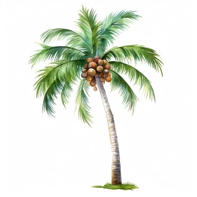 Watercolor A tall palm tree with coconuts and green fronds clipart, Minimalist, bright colors, isolated white background, 8k