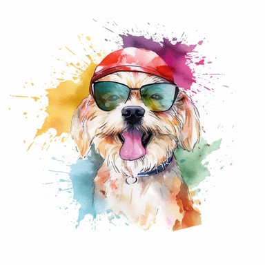 watercolor cool retro dog clipart, japanese cartoon art style, showing the emotion of joy and hapopiness, vibrant colors, beautiful.