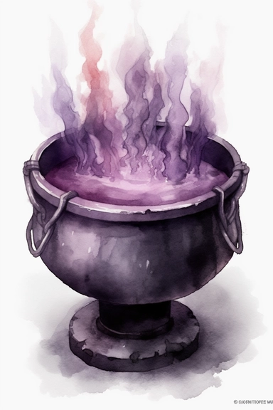 hyper realisticCauldron: Create a clipart of a cauldron with a gothic twist. You can add some eerie smoke, spiders, or bones to make it more spooky ,watercolor illustration, color palette Violet, eggplant,diesel,dusty gray,cannon pink, tamarind,mulled wine,charade ,realistic,symmetry,png white background
