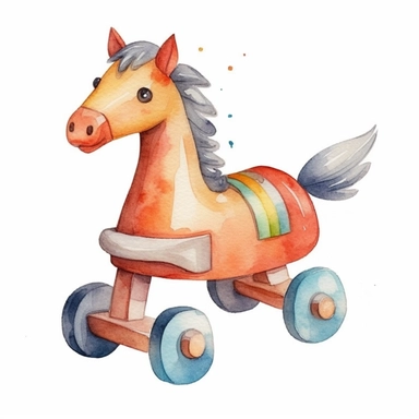 cute colorful rocking horse toy clipart, for childish cards, detail, illustration style, high solution, Watercolor, on the white background, hd