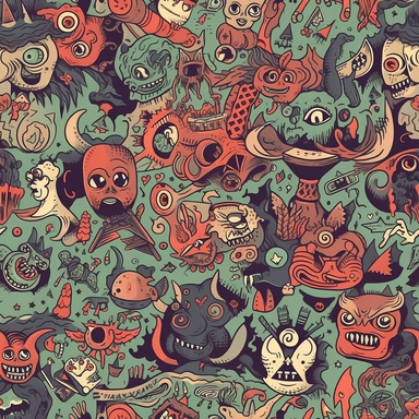 Comical Occult Creatures: Design a pattern that showcases the lighter side of satanic creatures and symbols using a humorous clipart style. Focus on capturing the amusing characteristics of characters like Baphomet wearing a party hat, a skateboarding demon, or a vampire sipping a cocktail. Employ a diverse range of colors, from dark, moody shades to vibrant, eye-catching hues, to create a visually captivating and entertaining composition.