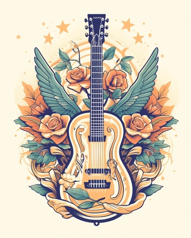A retro illustration of Nashville style country music logo with wings and guitar clipart surrounded with flowers and art nouveau details, beautiful summer color palette, inspired by sailor jerry tattoos, epic composition on white background, 8k,
