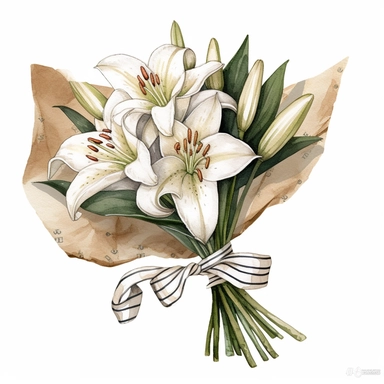 a casablanca lily bouquet wrapped in vintage wrapping paper, digital watercolor illustration, white background clipart