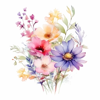 watercolor summer flower group for corner of invitation, clipart isolated on clear white background, soft colors, boho, lithograph, 32k uhd, textural