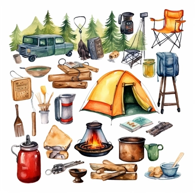 Summer travel clipart, Watercolor travel clipart, camping clipart, Tent, Campfire, Camp stove, Portable grill , Backpacking