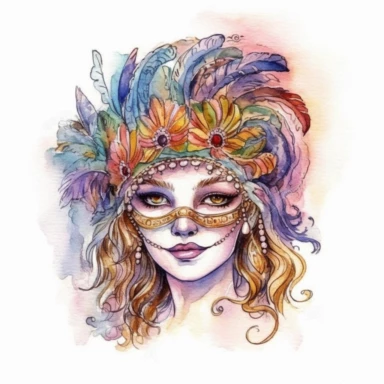 mardi gras, cute girl wearring carnival mask, kaluta art style, pen and ink watercolor clipart,isolated on white background