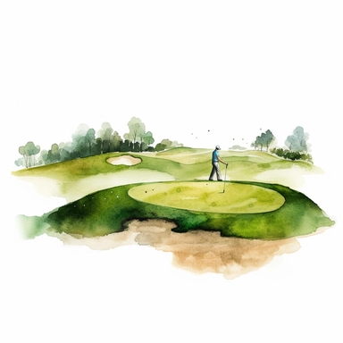 watercolor full golf course hole with guy walking clipart, white background