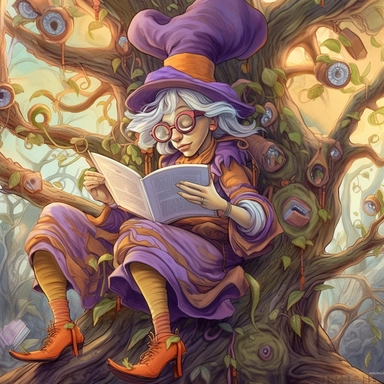COMIC/CARTOON fantasy magical wacky witch reading books in a huge tree,large eyeglasses, hats, muted colors, swirls, twists, twirls, metallic, glitter, stylized, funny, centered, airbrushed, digital oil, detailed illustration, clip art, cartoon, 8k, ar 9:8