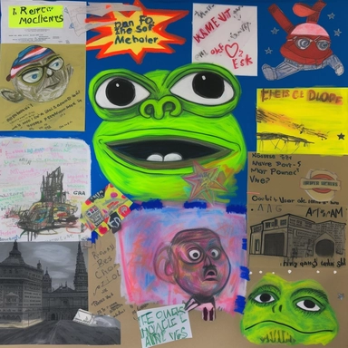 a mixed media colorful compostion of pepe the frog Matt Furies character from Boys club, including sketches of big fish, sketches of men at the computer, bonfires, maps, pepe memecoin, NFT, handwritten cursive love letters, newspaper clippings of presidential elections, sketches of snorklers in the style of davinci, photographs of beaches, small handwritten notes and tropical themes in the montage style of tony caramanico