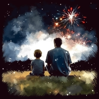 father and son watching Fourth of July fireworks, sitting on blanket in grass, clipart, watercolor style, defined edges, black background