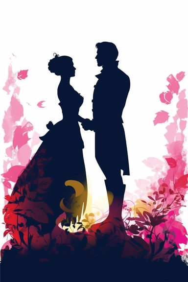 clipart silhouette angry man and woman, facing away with each other and arms folded, regency romance, bright colors, rose garden