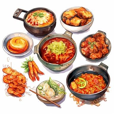 Kimchi, Korean fried chicken, Tokpokki, Ramyeon, Jajangmyeon, Kimbap, Bibimbab, Shabu Shabu, Sundubu jigae, Ginseng chicken soup, korean food, white background, clipart, Object, vector collection, 8k, watercolor