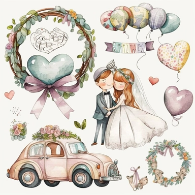 wedding rings tied with a ribbon , cute wedding illustrations clipart set, ILLUSTRATIONS FOR THE BOOK, cartoon elements, different variants, girl with long hair in a wedding veil, wedding, husband and wife Love , Hearts balloons , veil, garland, wooden elements, sit on a bench , on the car, white transparent background separate elements with a margin Watercolor