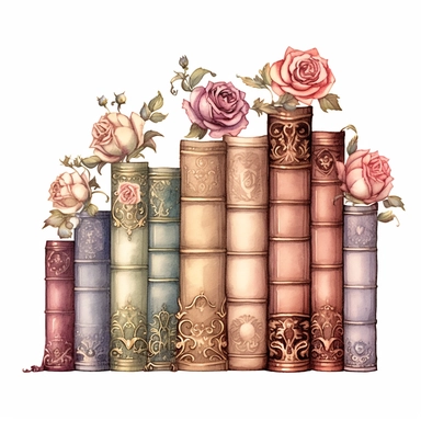 roman fairy books upright in a row on a wall bookshelf intricate details,detailed illustration hd, in watercolor style, wedding, wedding flowers, rose and gold, cottage clipart, ethereal bohemeian, wedding bird, on white background ar 3:2 s 1000
