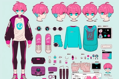 a boy who has magenta hair and aqua hanging eyes and thick eyebrows that is standing in front of a bunch of stuff, trending on deviantart, character sheet, ☕️ ? ?, embrace porcelain doll,everything fits on the screen,highly detailed object content, secret,knolling, clipart icon,anime, gadget and cosmetics