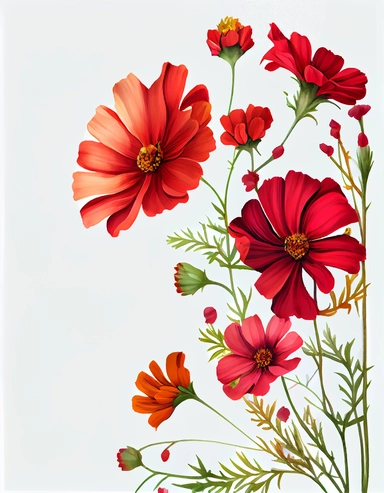 detailed vibrant watercolor red cosmos side corner border , isolated on white background, realistic, clipart