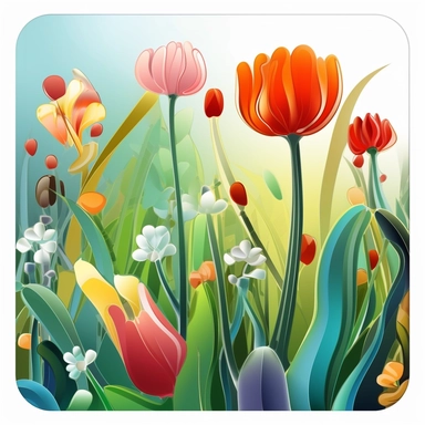 spring garden, vector art, in the style of Georgia O'Keeffe, clipart, white background, rounded corners