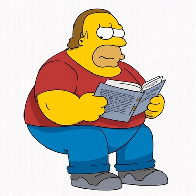 Comic Book Guy holding a comic book, Simpons, plotting his next evil scheme, simple, graphics designer, png clipart, in the style of gabriele münter, white background, back button focus, aerial view, animated gifs, stencil - based, texture - based