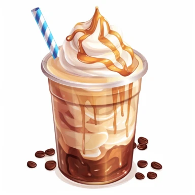 clipart of coffee cup. TRANSPARENT PLASTIC coffee cup with ice mocha latte in it. whipcream on top , straw , white background, 2D VECTOR ART ,high detial, 8k
