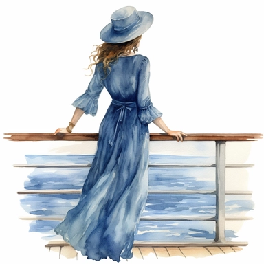 woman in blue dress standing on the deck of a boat looking at water, hands on railing, watercolor, clipart