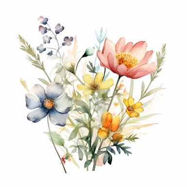 watercolor spring flower group for corner of invitation, clipart isolated on clear white background, soft colors, boho, lithograph, 32k uhd, textural