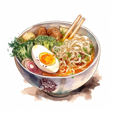 Generate a watercolor clipart of a steaming bowl of ramen, with noodles, vegetables, and a soft-boiled egg. Make sure to highlight the textures and use warm colors to evoke the feeling of comfort food, white background
