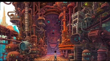The little girl stands in the huge temple of pipes and machinery, surrounded by steam, giant gears and machine giants with their bodies cut off,an anime clipart image showing another robot in a factory, in the style of surrealistic grotesque, colorful moebius, silver and red, intricate underwater worlds, focus on joints/connections, contrast of scale,