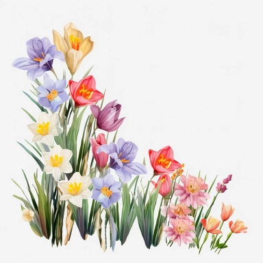 realistic spring flowers border, clean watercolor flowers clipart , for free vector illustration, delicate and elegant style, transparent background