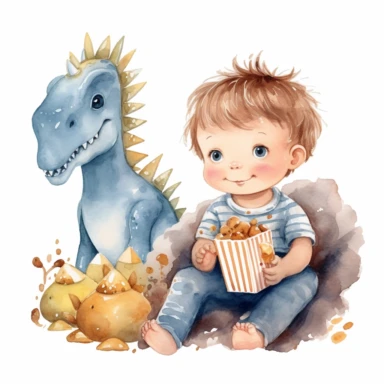 Cute baby boy and dinosaur enjoying movie night with popcorn watercolor Clipart